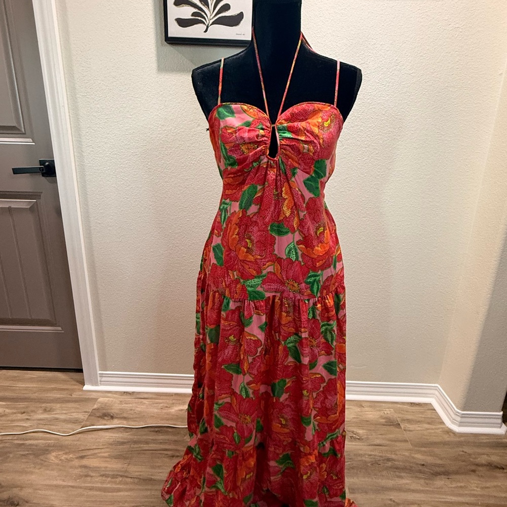 Crystal Doll Red Floral Halter Maxi Dress with Green Leaf Print